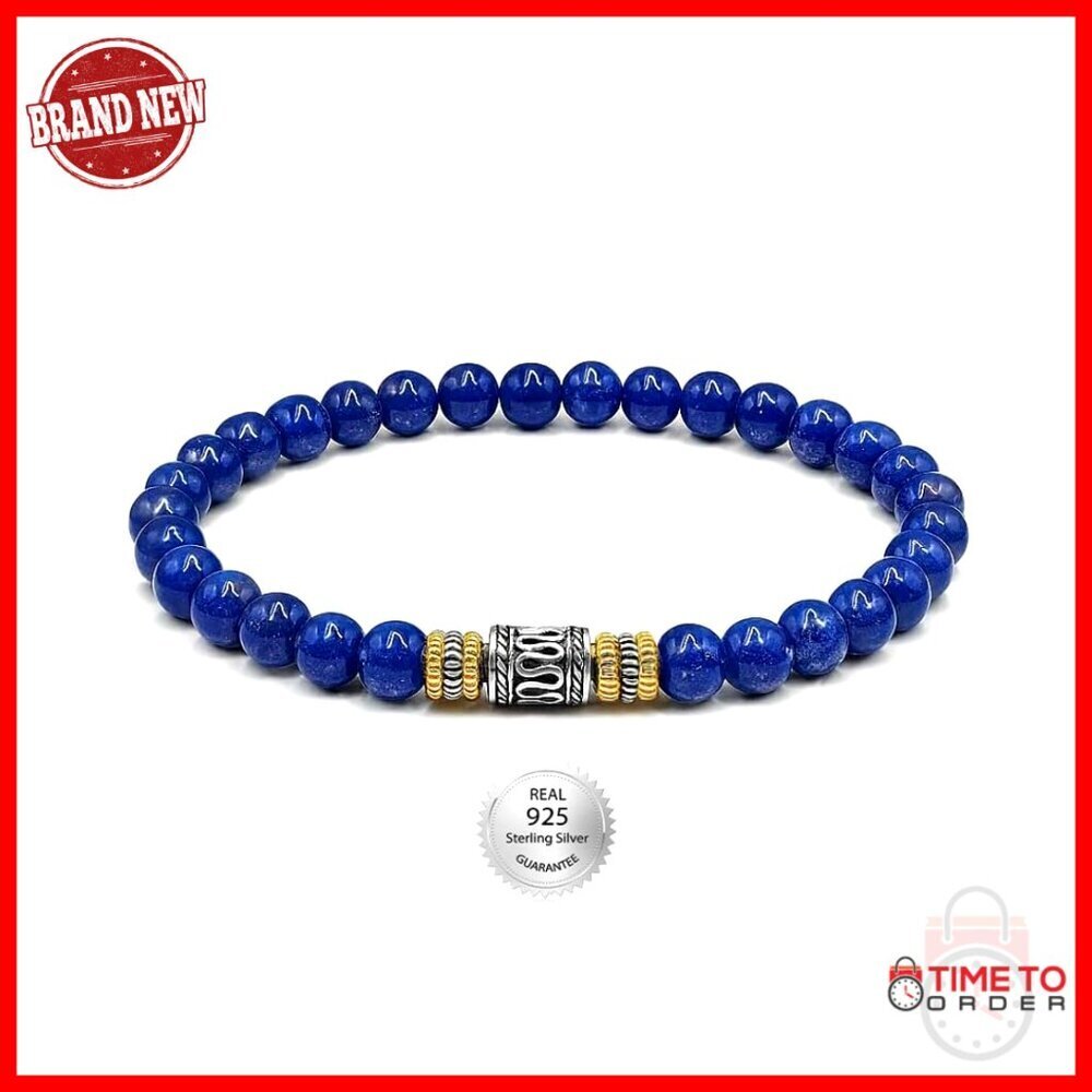 Sterling Silver Lapis Lazuli Bead Bracelet for Men, 8 Inch Size